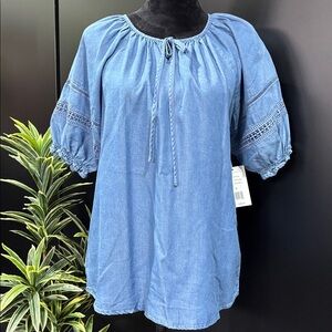 Marissa, Olivia Crochet detail sleeve,medium chambray, pullover, scoop tie neck